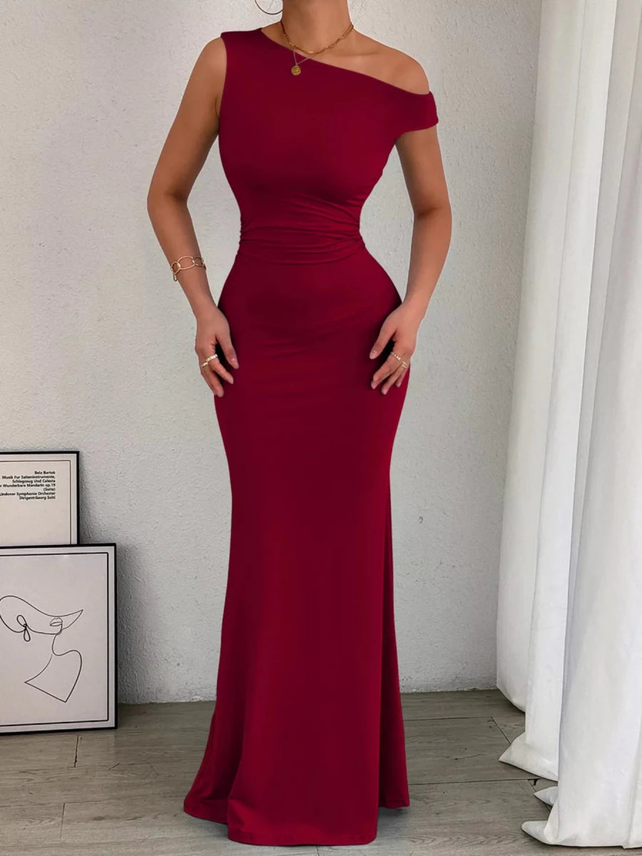 One - Shoulder Ruched Bodycon Maxi Dress - 