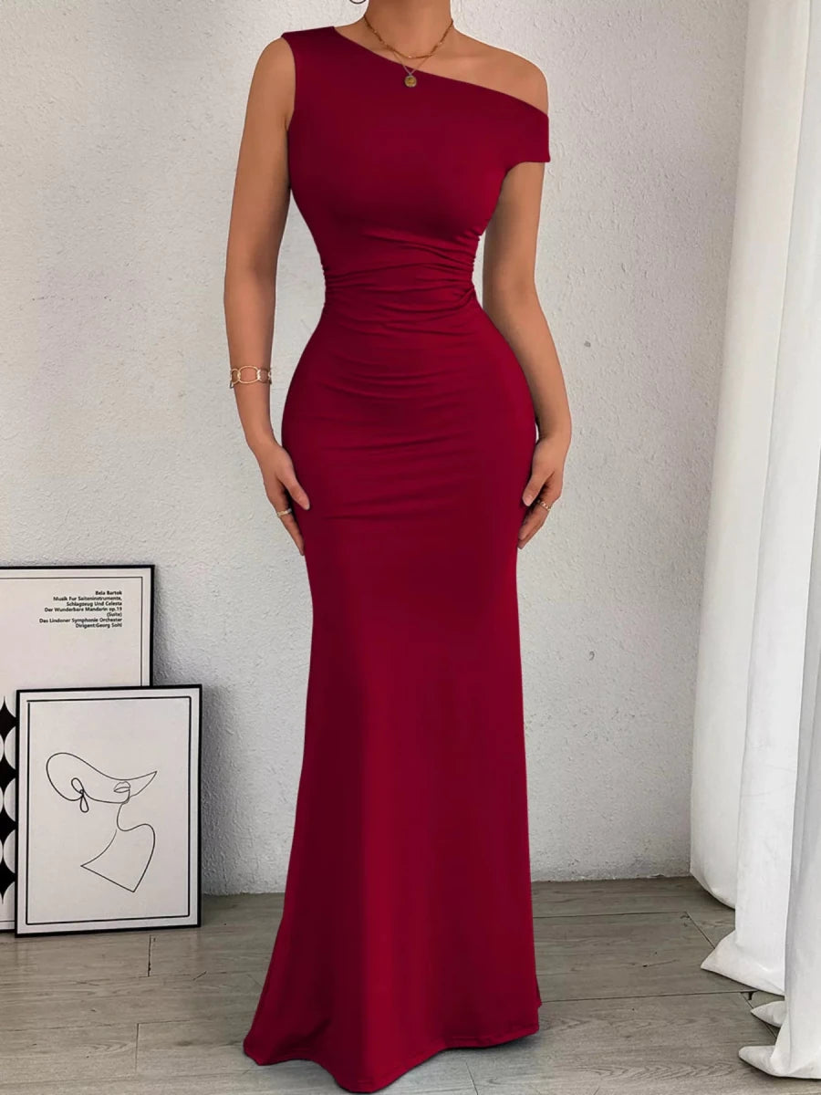 One - Shoulder Ruched Bodycon Maxi Dress - 
