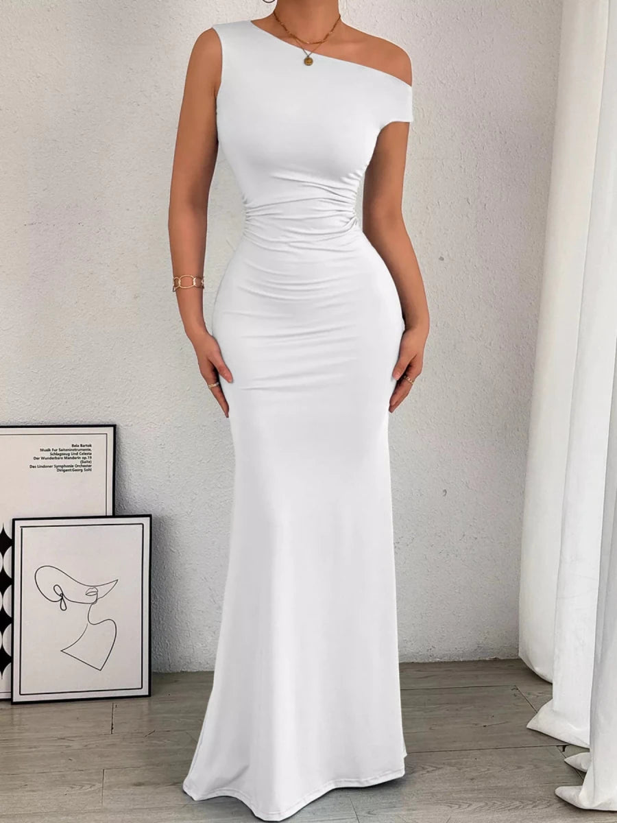 One - Shoulder Ruched Bodycon Maxi Dress - 