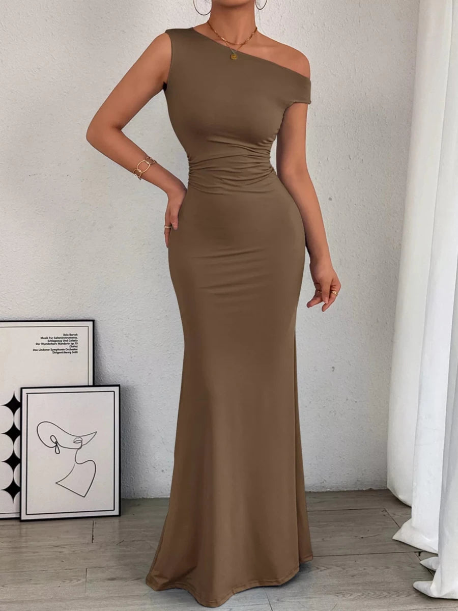 One - Shoulder Ruched Bodycon Maxi Dress - 