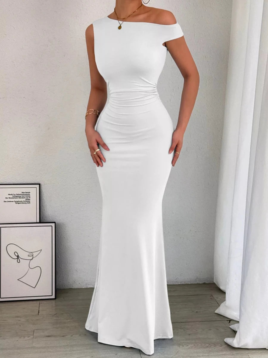 One - Shoulder Ruched Bodycon Maxi Dress - 