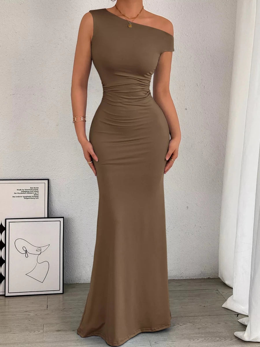 One - Shoulder Ruched Bodycon Maxi Dress - 