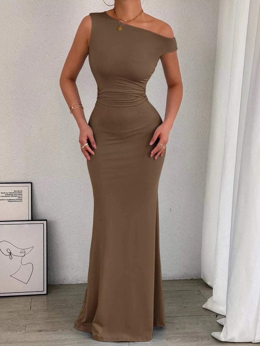 One - Shoulder Ruched Bodycon Maxi Dress - 