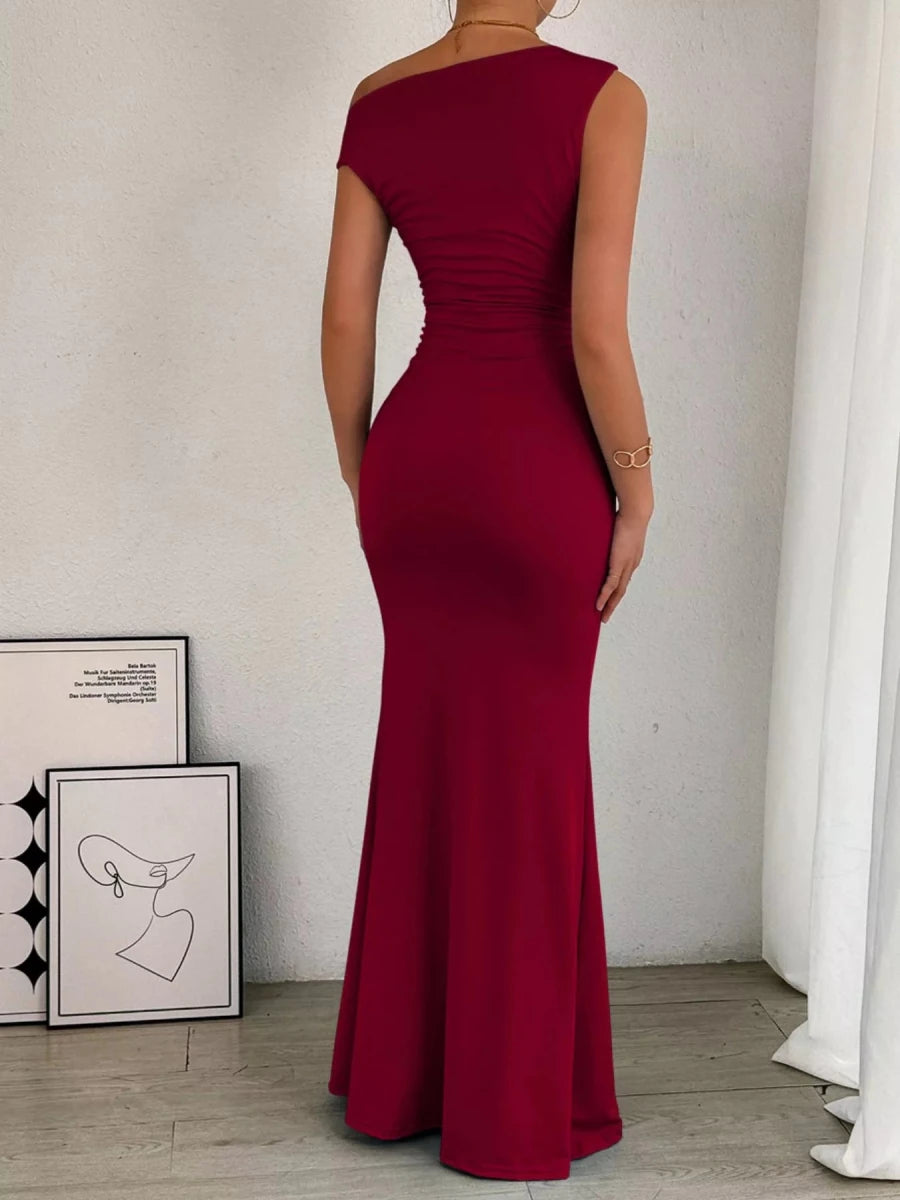 One - Shoulder Ruched Bodycon Maxi Dress - 