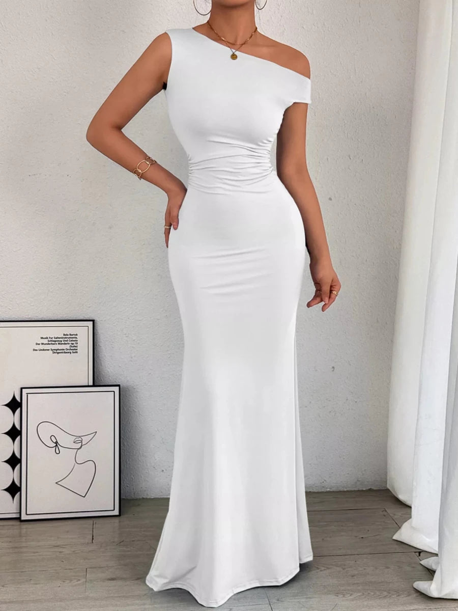 One - Shoulder Ruched Bodycon Maxi Dress - 