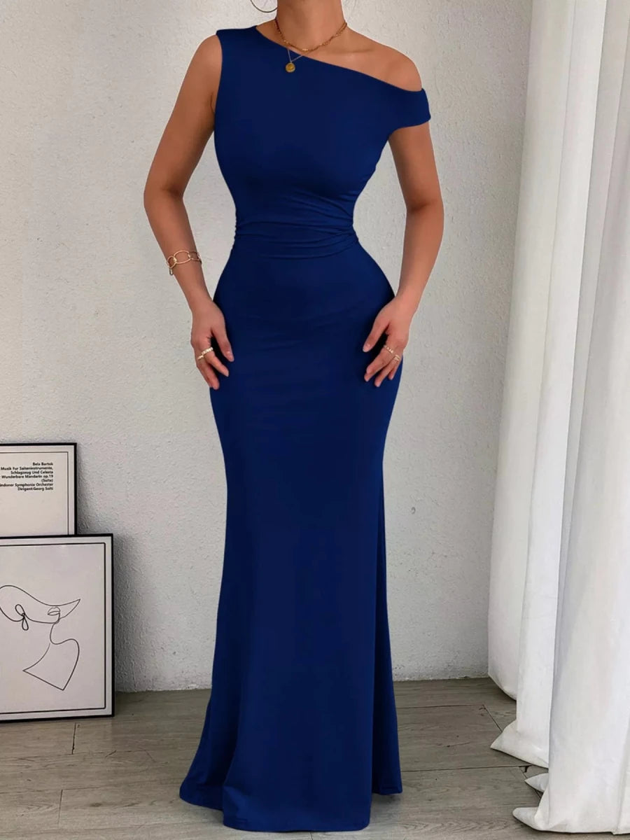 One - Shoulder Ruched Bodycon Maxi Dress - 