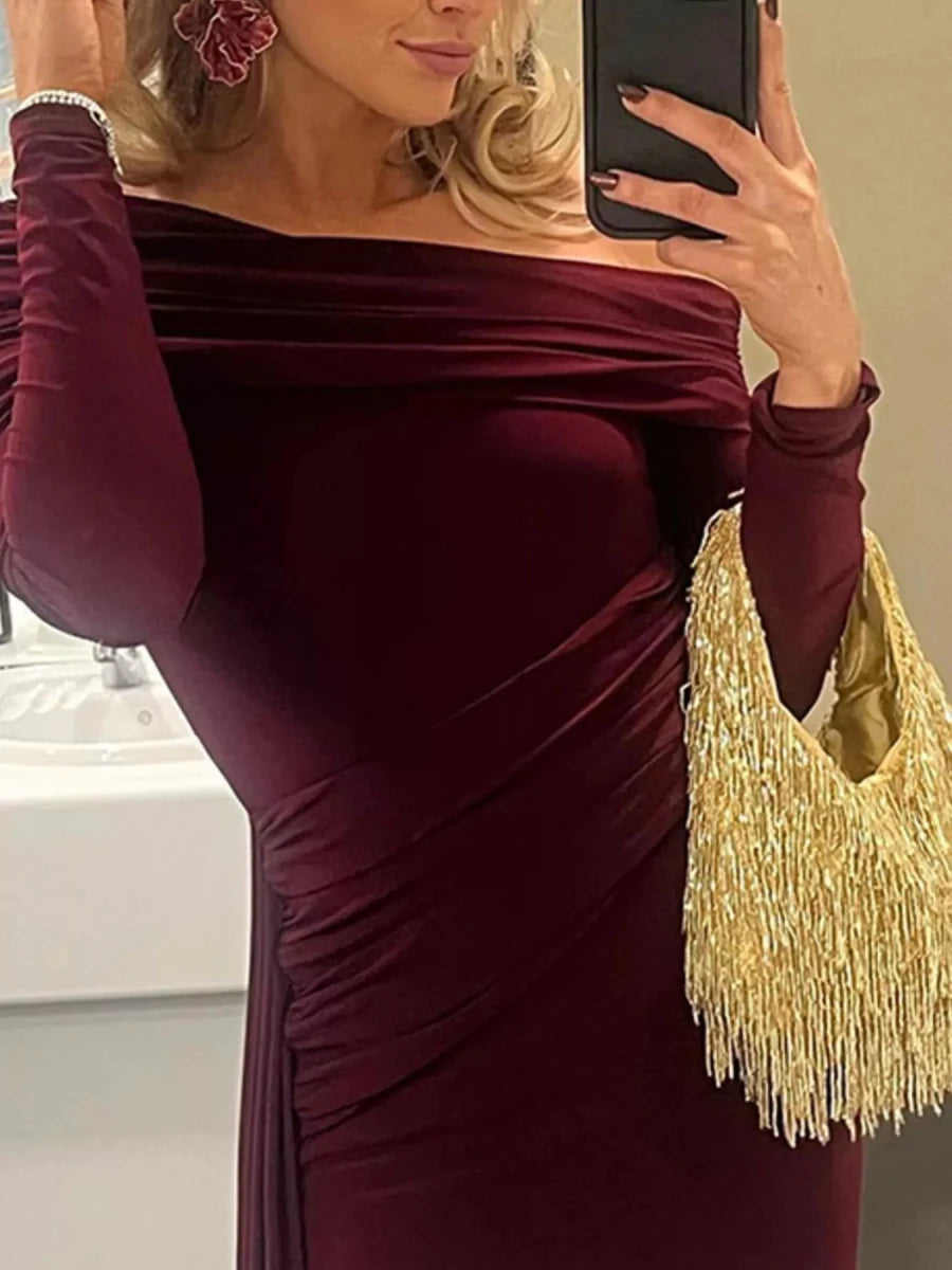 One - Shoulder Ruched Maxi Dress - 