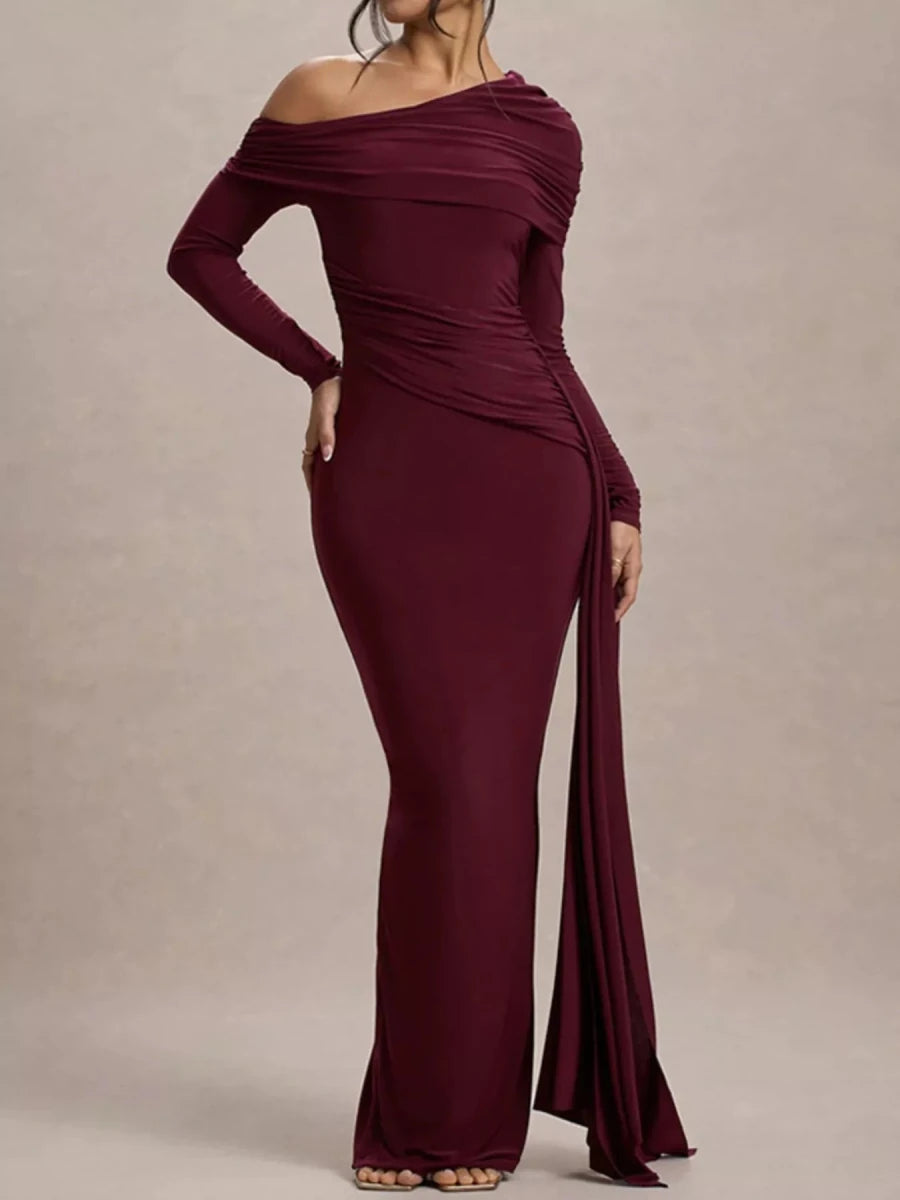 One - Shoulder Ruched Maxi Dress - 
