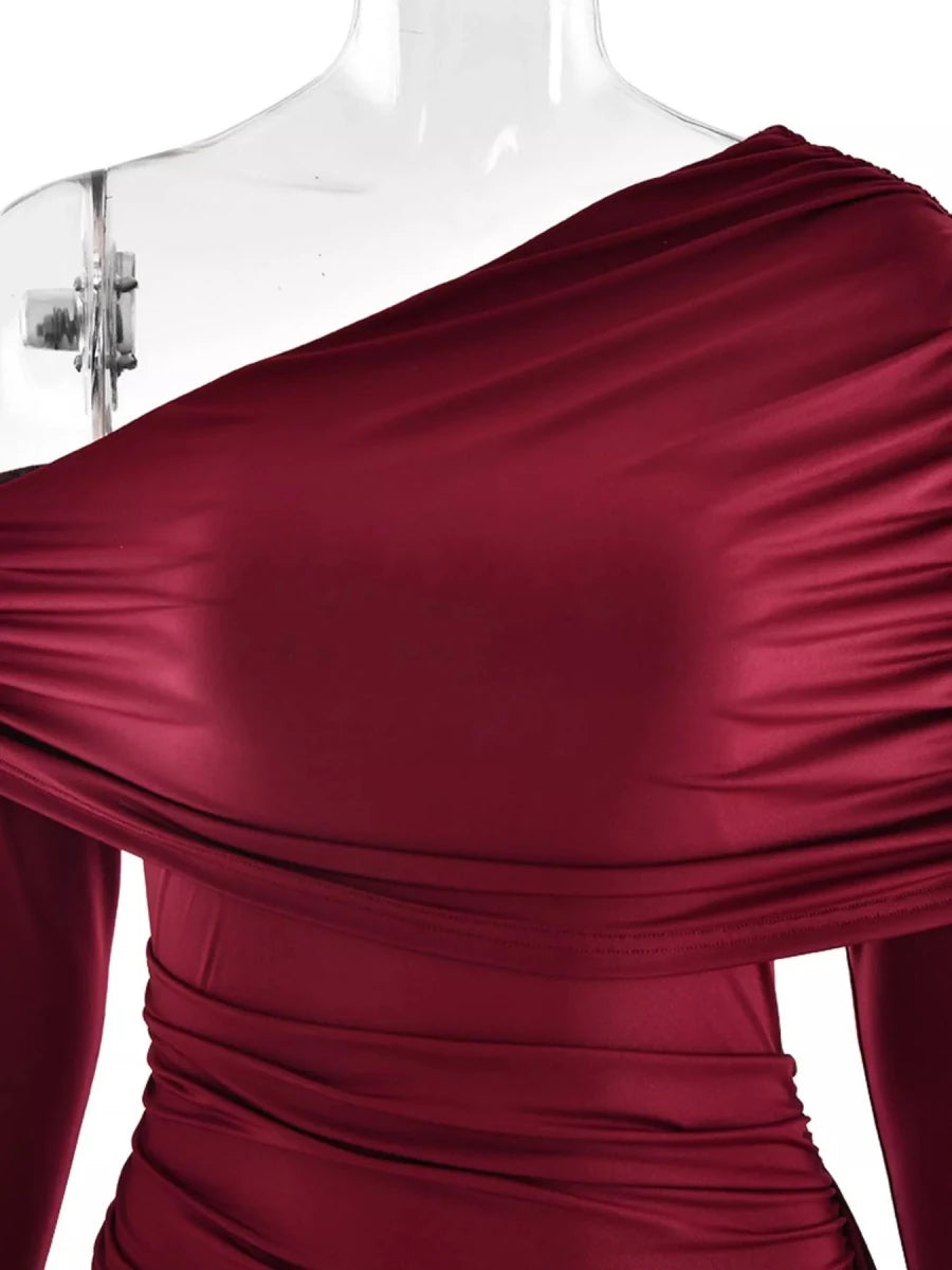 One - Shoulder Ruched Maxi Dress - 