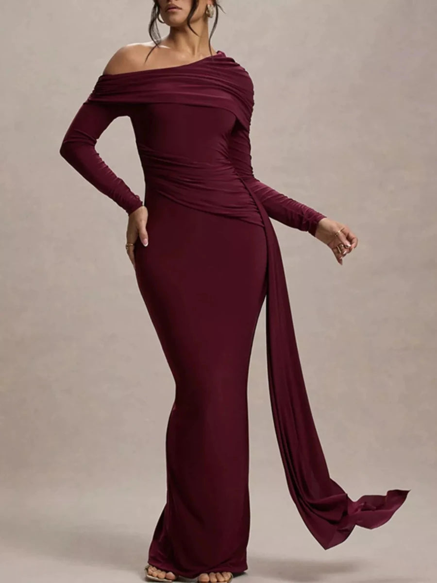 One - Shoulder Ruched Maxi Dress - 