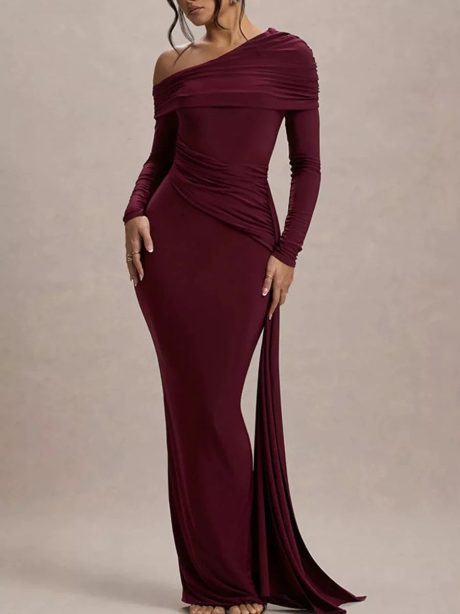 One - Shoulder Ruched Maxi Dress - 