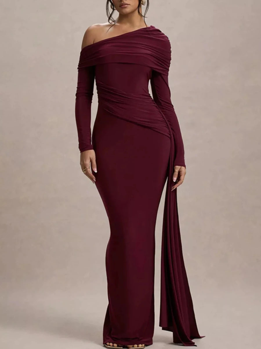 One - Shoulder Ruched Maxi Dress - 