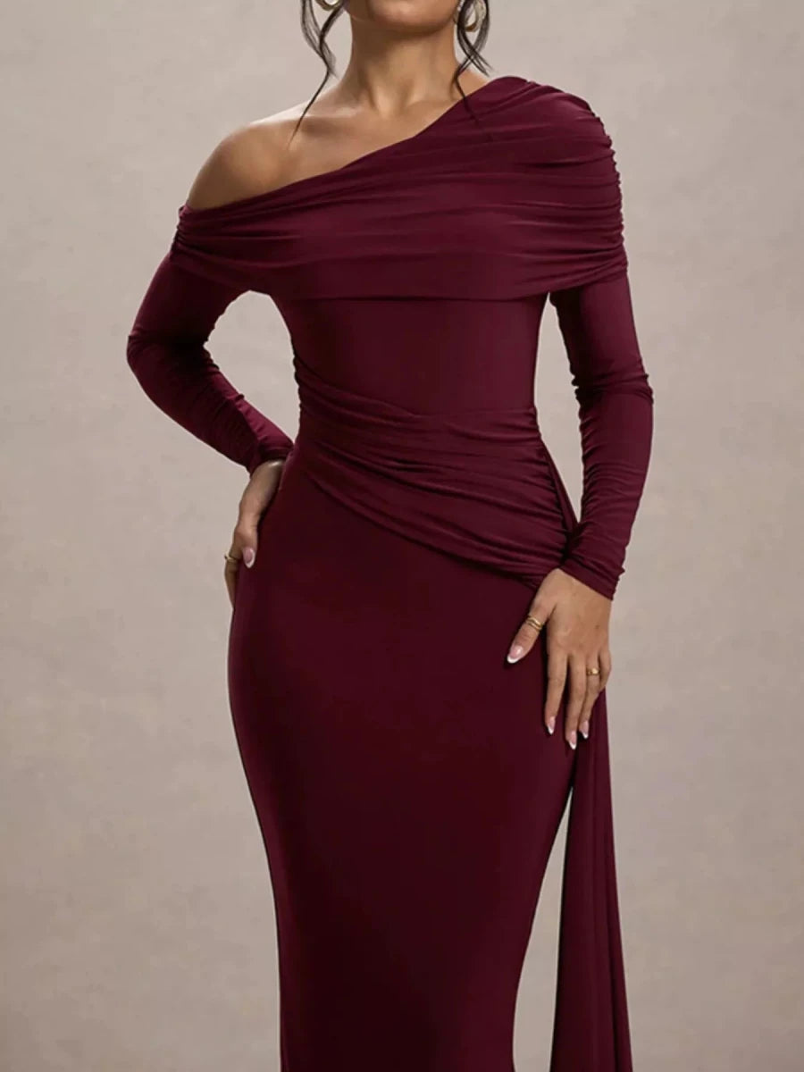 One - Shoulder Ruched Maxi Dress - 
