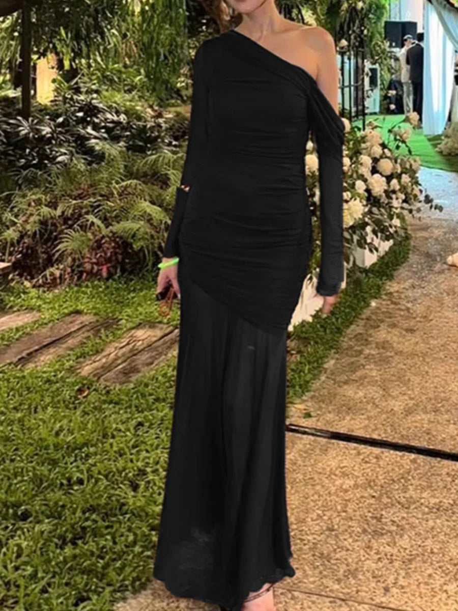 One - Shoulder Ruched Mesh Maxi Dress - 