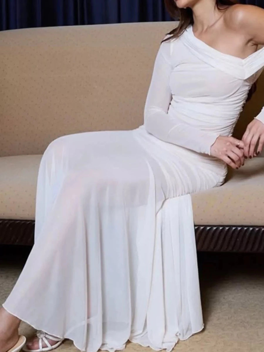 One - Shoulder Ruched Mesh Maxi Dress - 