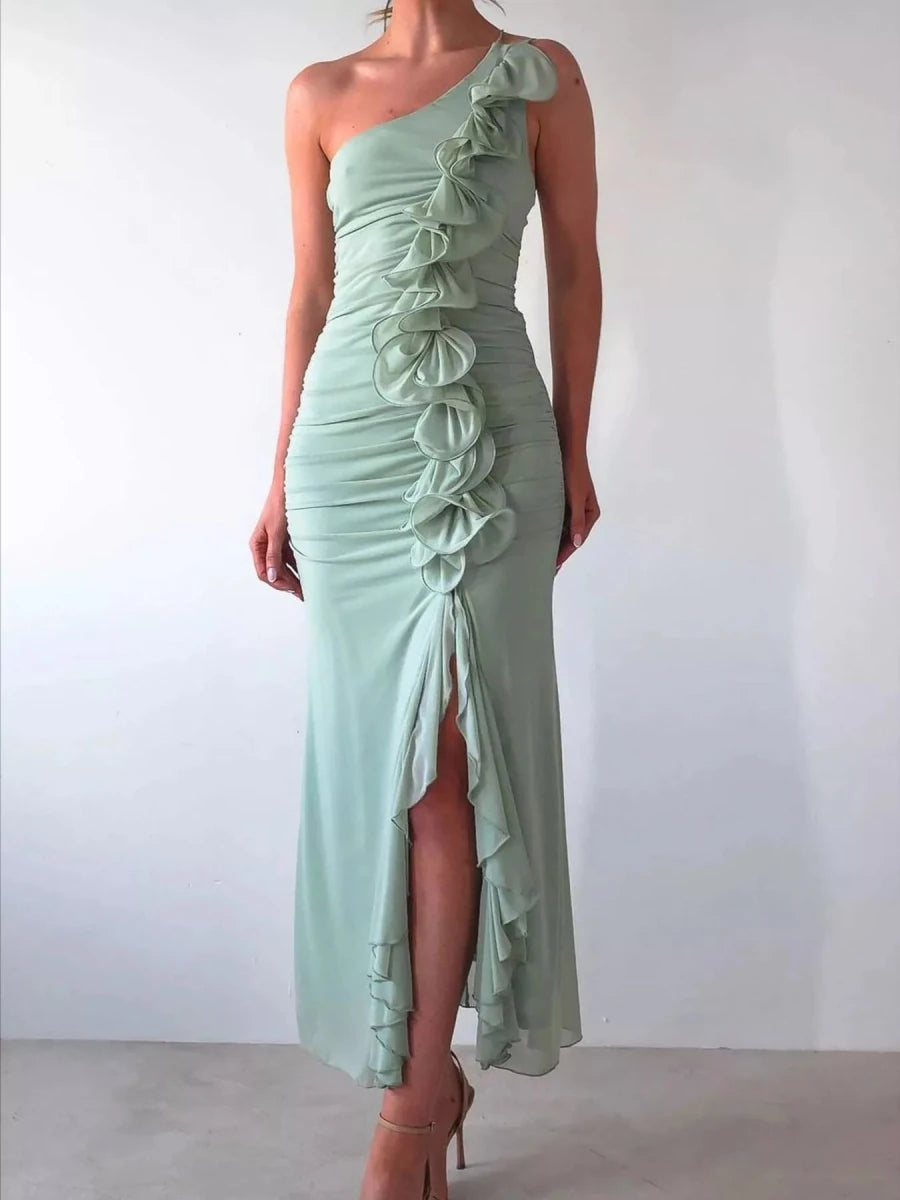 One - Shoulder Ruffle Slit Dress - 