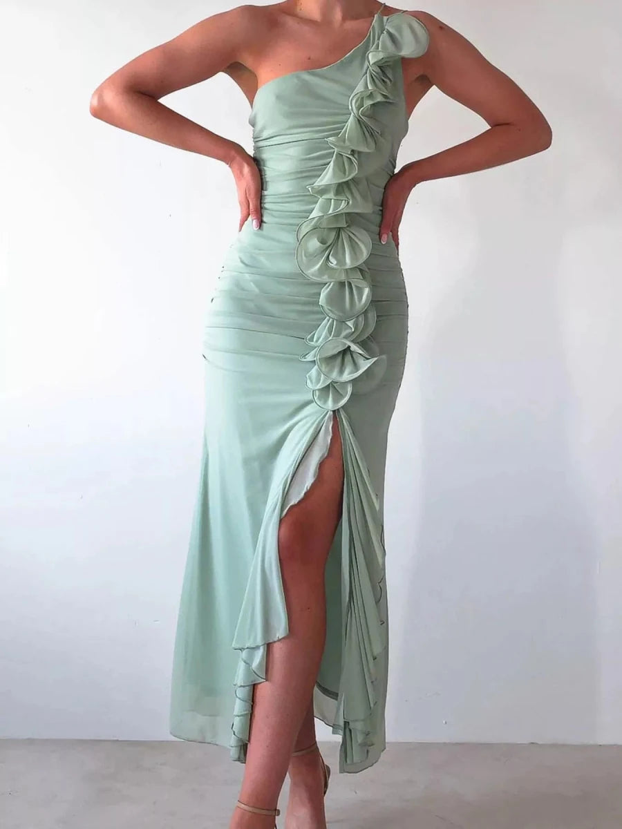 One - Shoulder Ruffle Slit Dress - 
