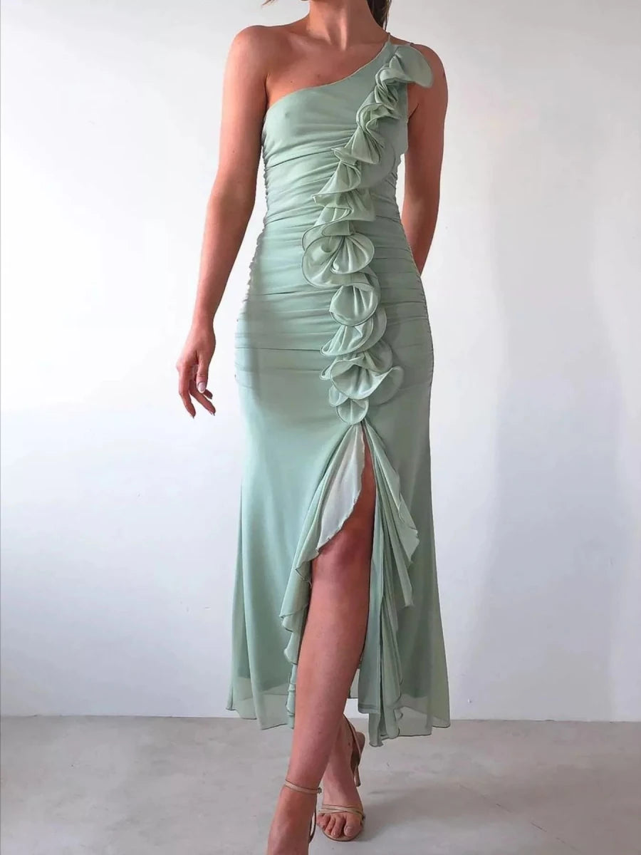 One - Shoulder Ruffle Slit Dress - 