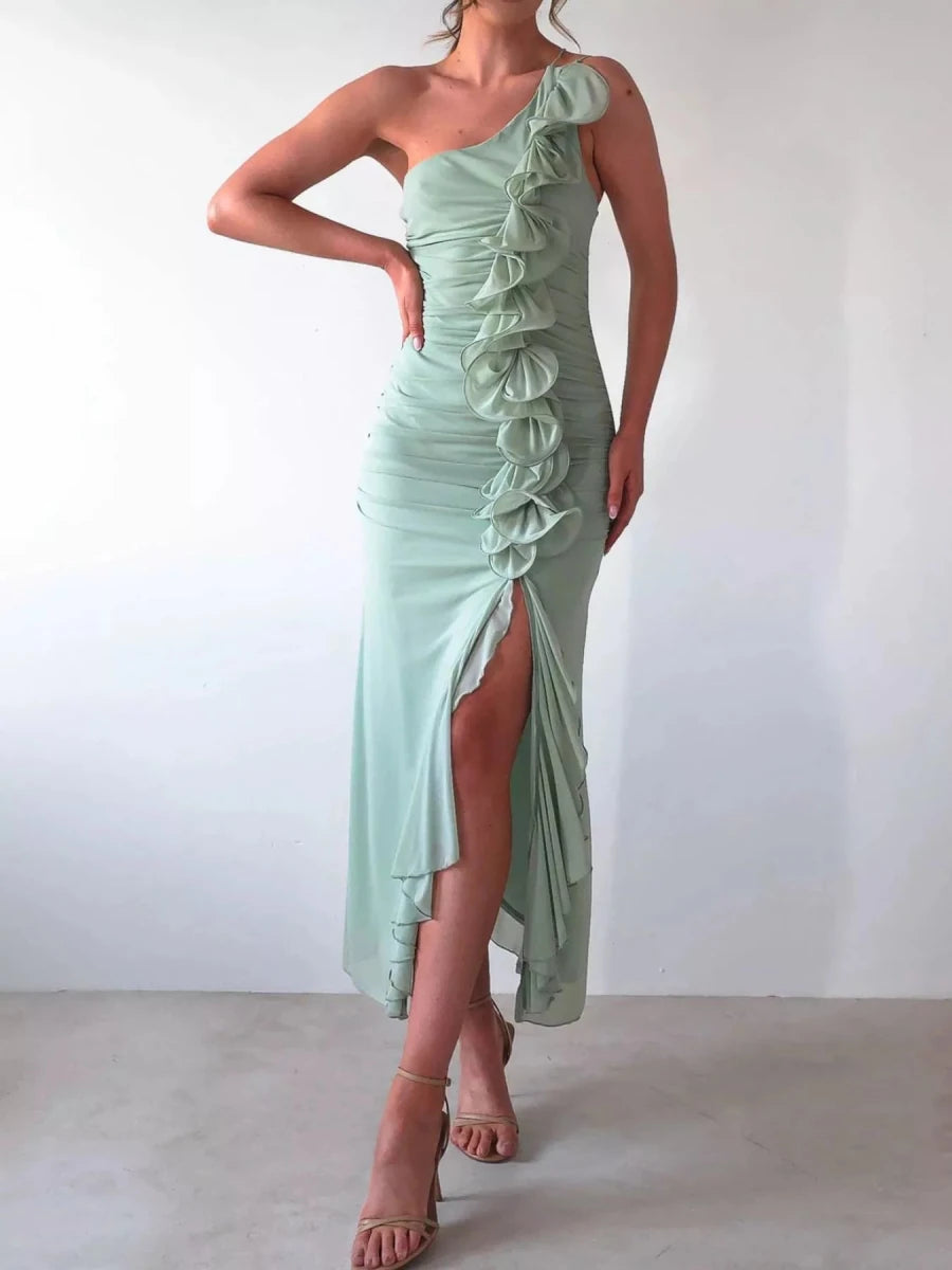 One - Shoulder Ruffle Slit Dress - 