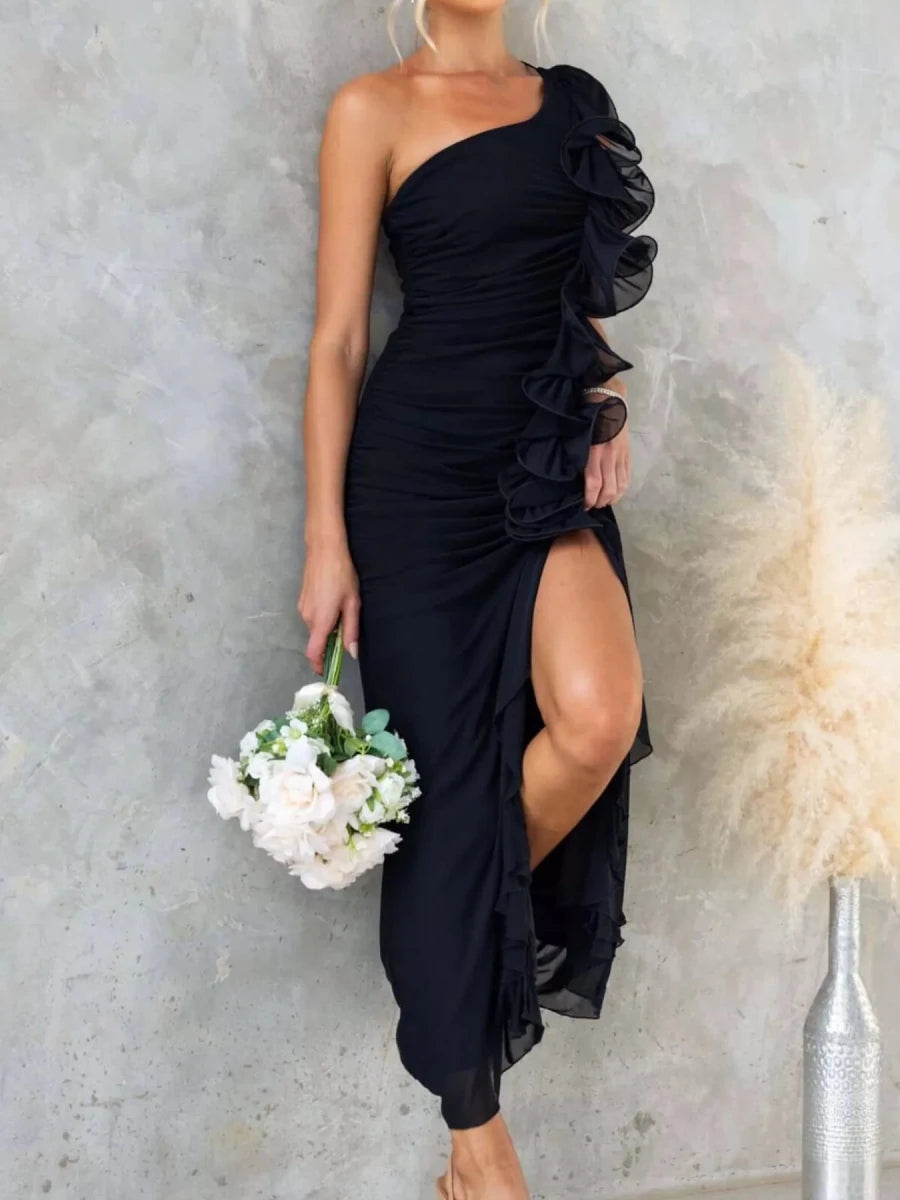 One - Shoulder Ruffle Slit Dress - 