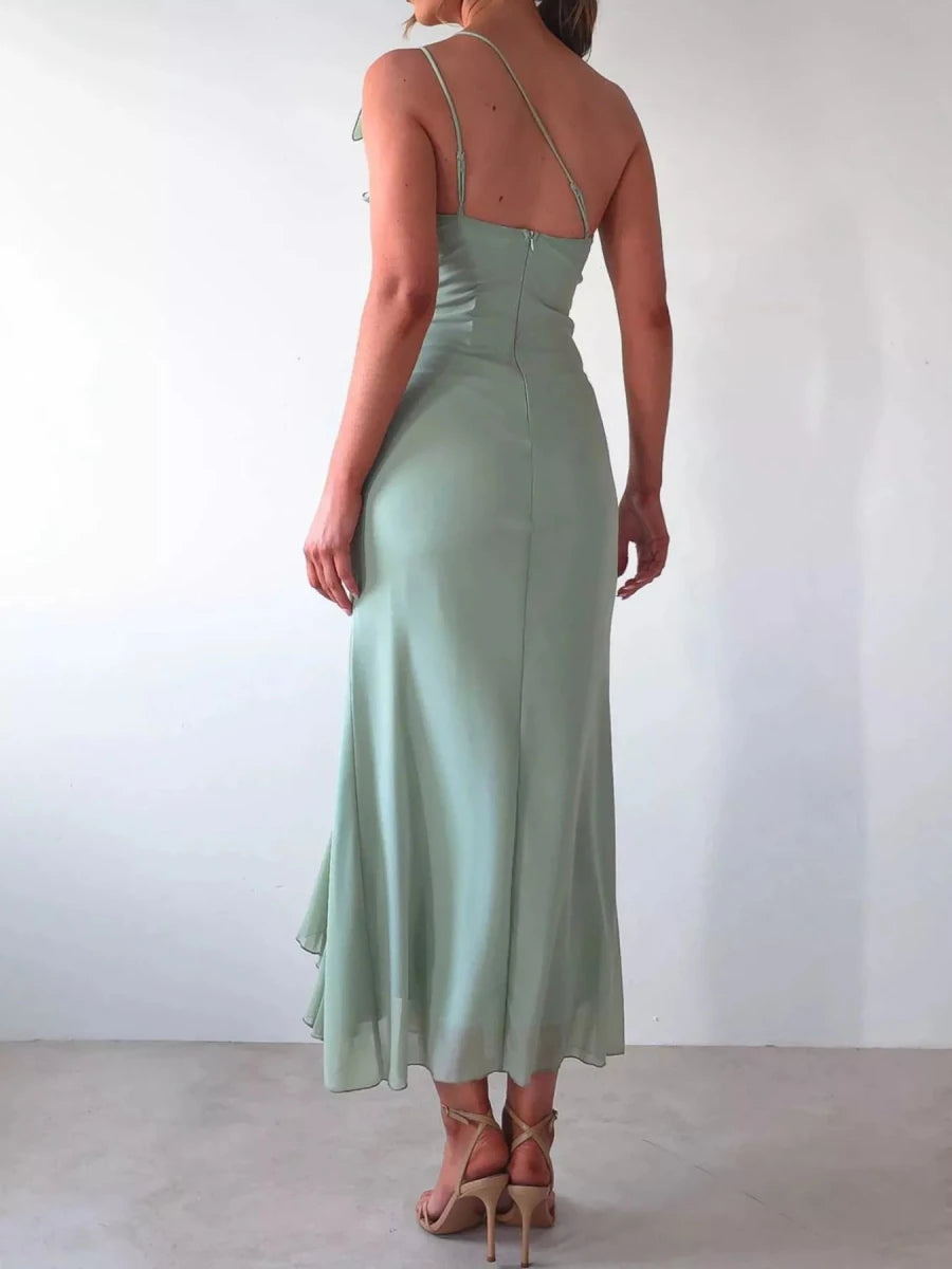 One - Shoulder Ruffle Slit Dress - 