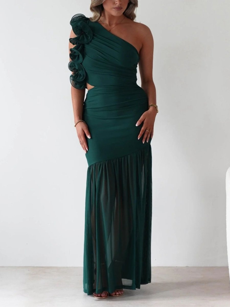 One - Shoulder Ruffle Trim Maxi Dress - 