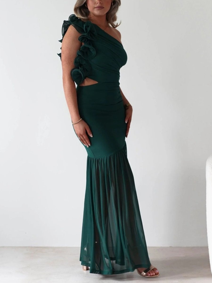 One - Shoulder Ruffle Trim Maxi Dress - 