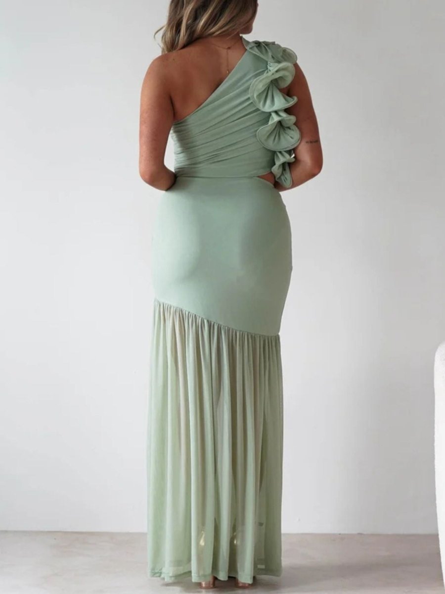 One - Shoulder Ruffle Trim Maxi Dress - 