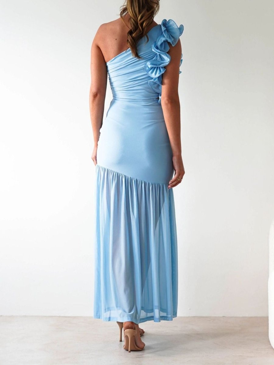 One - Shoulder Ruffle Trim Maxi Dress - 