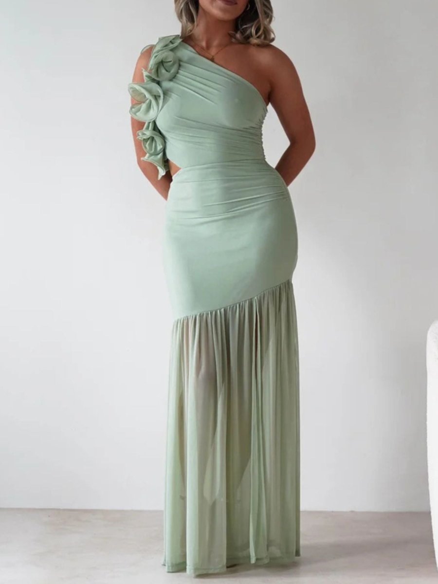 One - Shoulder Ruffle Trim Maxi Dress - 
