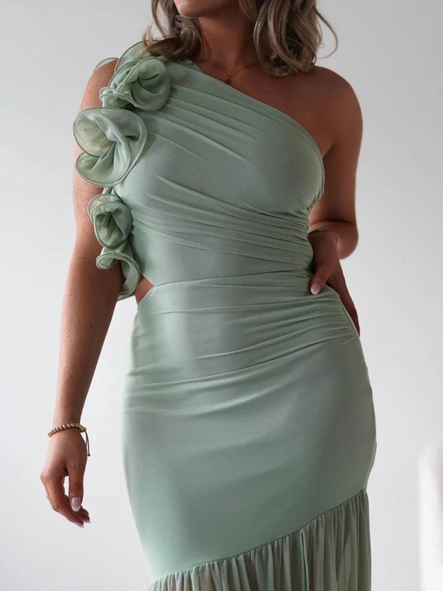 One - Shoulder Ruffle Trim Maxi Dress - 