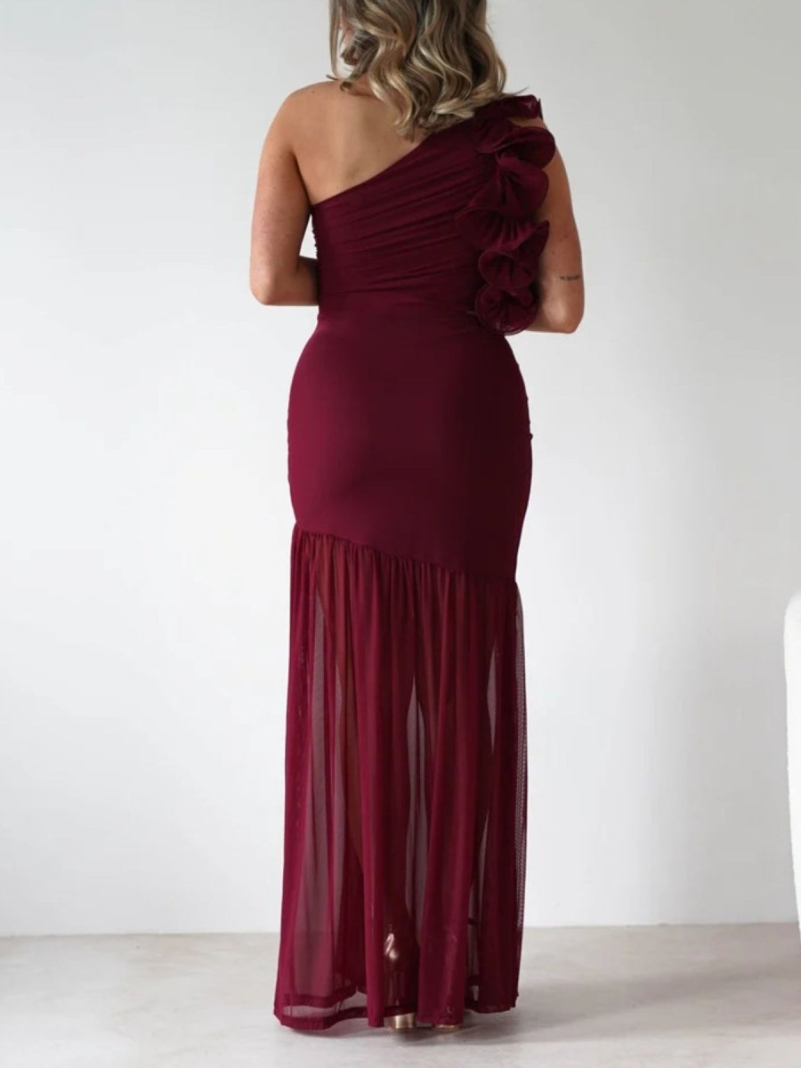One - Shoulder Ruffle Trim Maxi Dress - 
