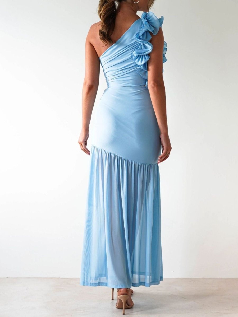 One - Shoulder Ruffle Trim Maxi Dress - 