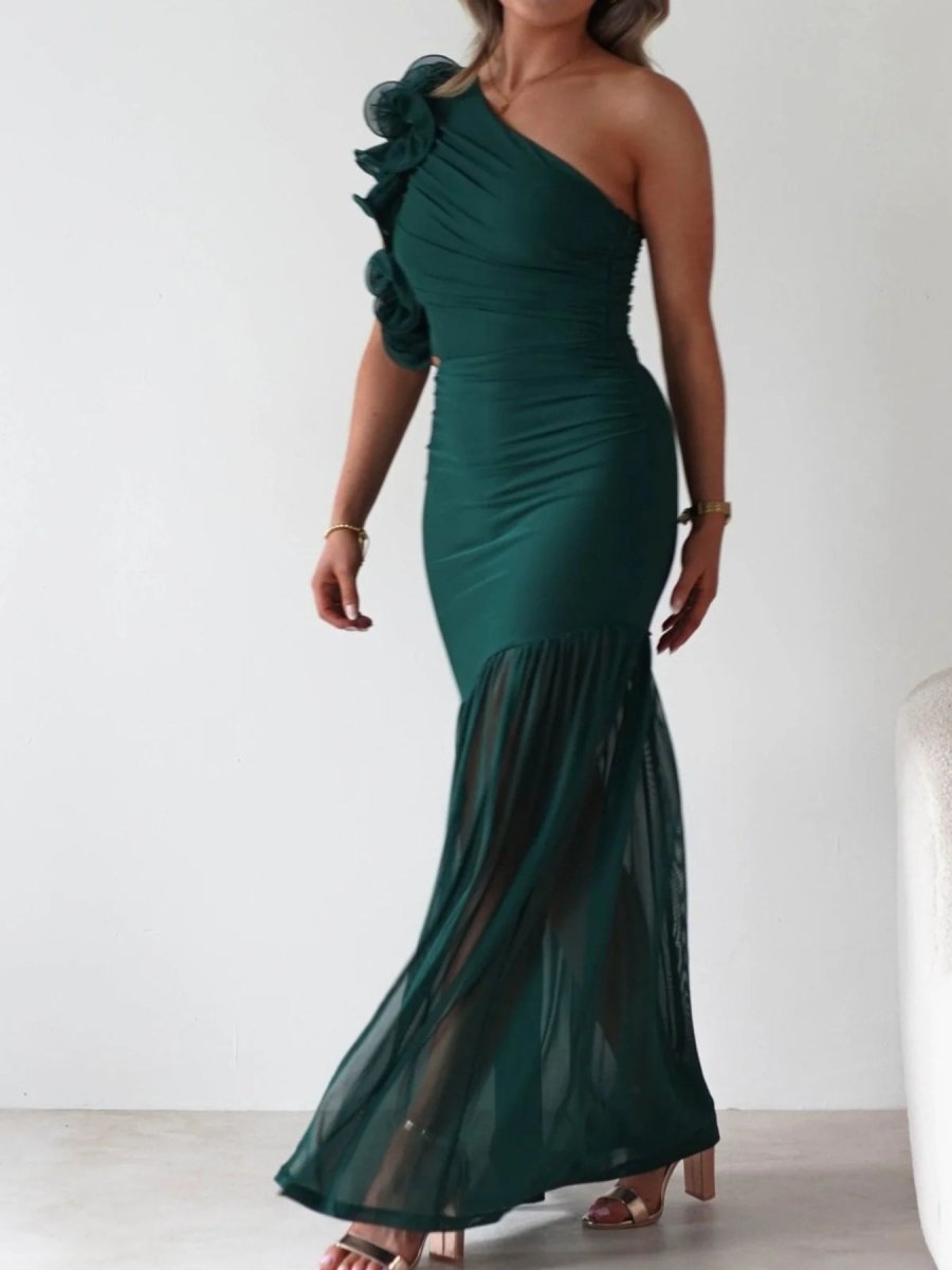 One - Shoulder Ruffle Trim Maxi Dress - 
