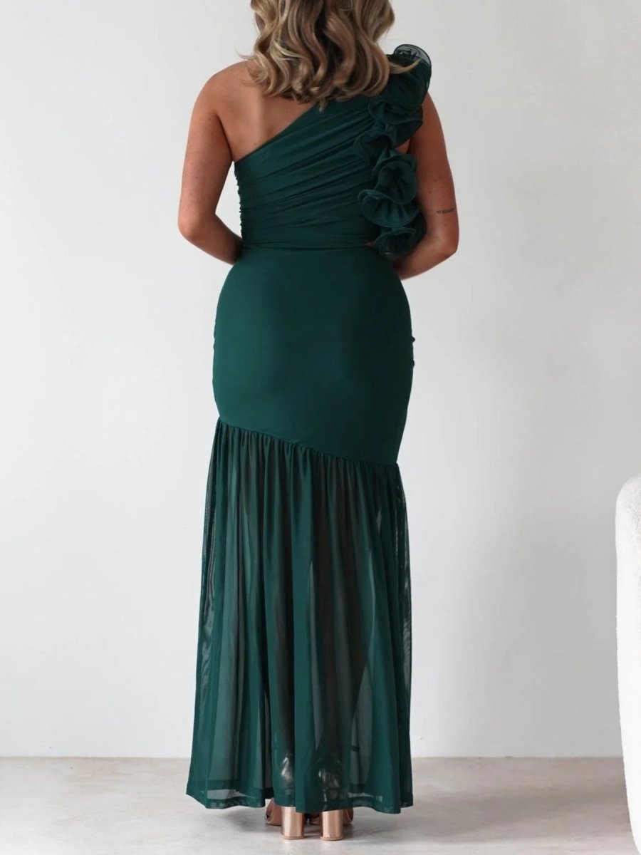 One - Shoulder Ruffle Trim Maxi Dress - 