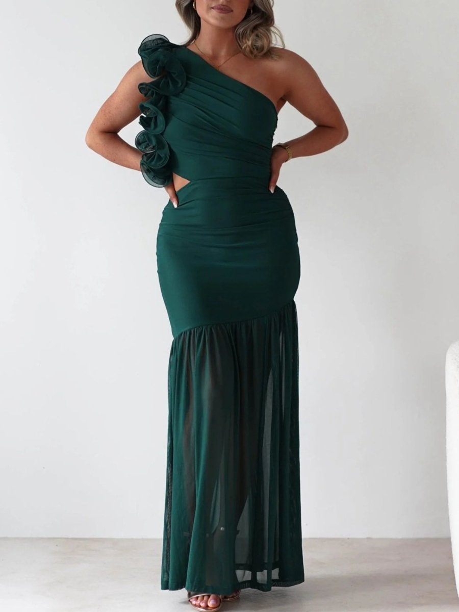 One - Shoulder Ruffle Trim Maxi Dress - 