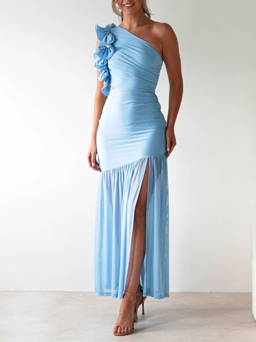 One - Shoulder Ruffle Trim Maxi Dress - 