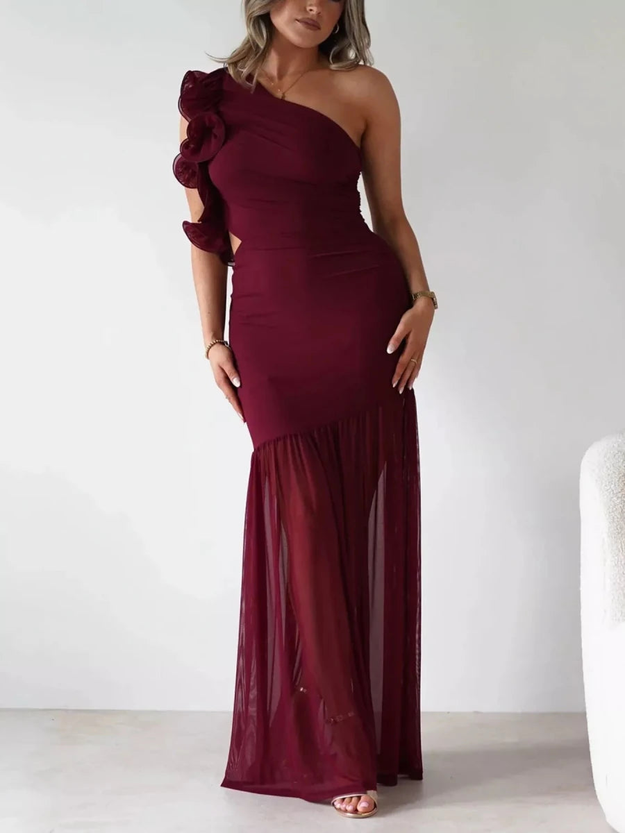 One - Shoulder Ruffle Trim Maxi Dress - 