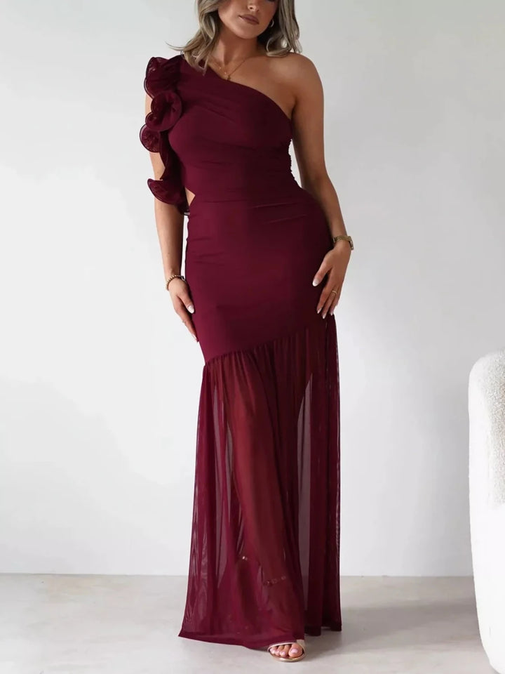 One - Shoulder Ruffle Trim Maxi Dress - 