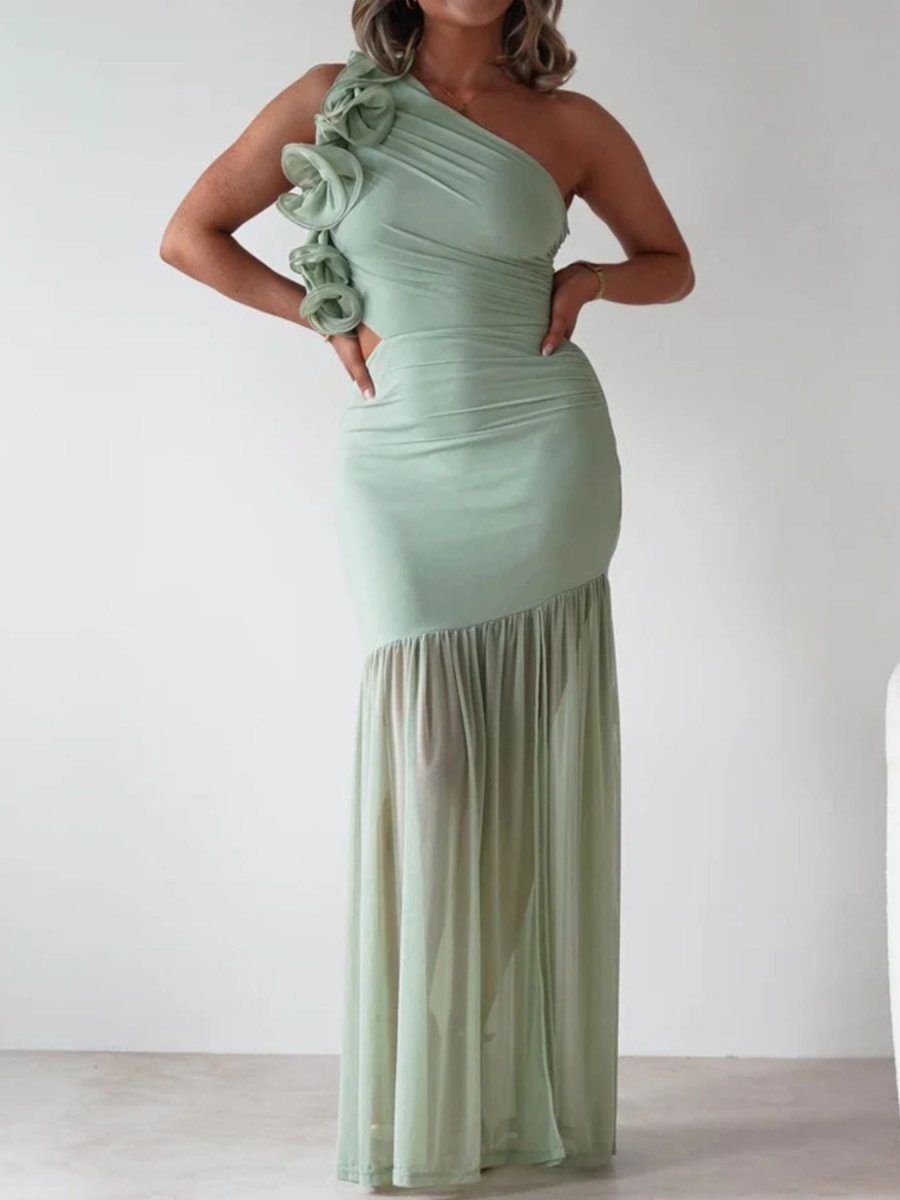 One - Shoulder Ruffle Trim Maxi Dress - 