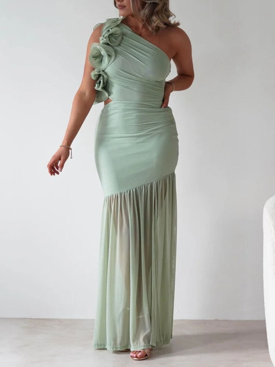 One - Shoulder Ruffle Trim Maxi Dress - 