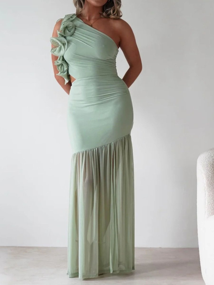 One - Shoulder Ruffle Trim Maxi Dress - 