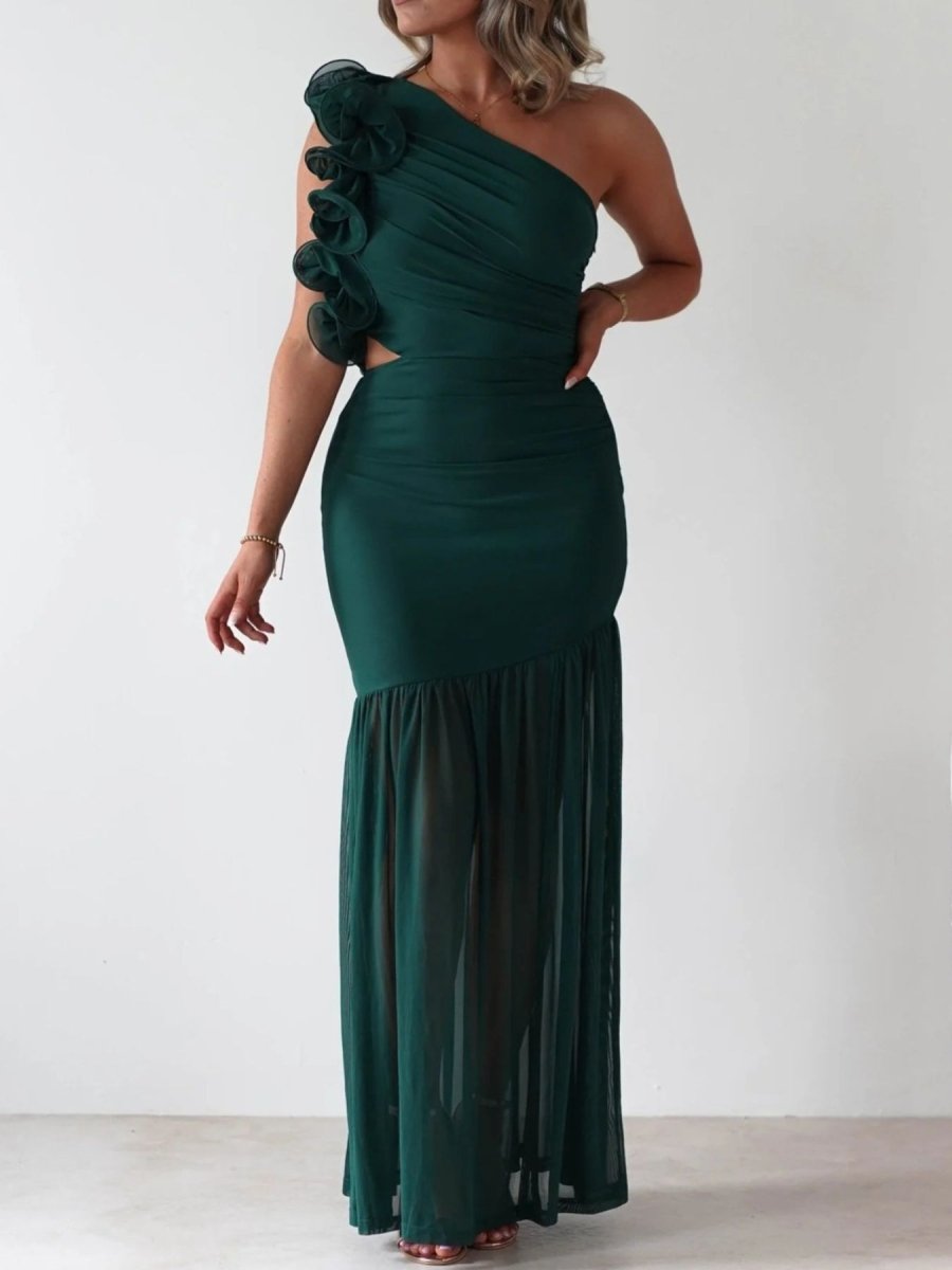One - Shoulder Ruffle Trim Maxi Dress - 