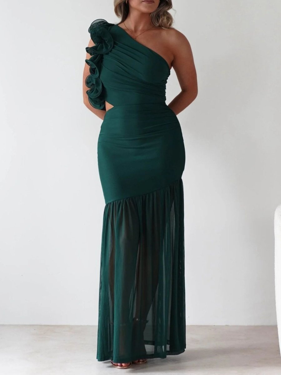 One - Shoulder Ruffle Trim Maxi Dress - 