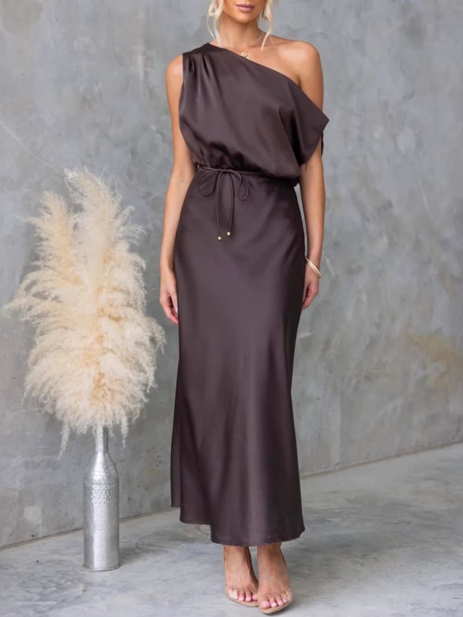 One - Shoulder Tied Midi Dress - 