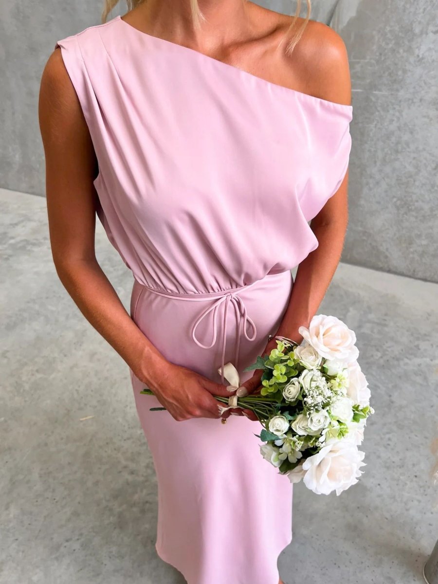 One - Shoulder Tied Midi Dress - 