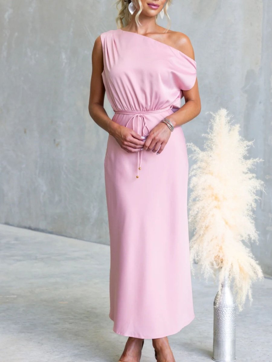 One - Shoulder Tied Midi Dress - 