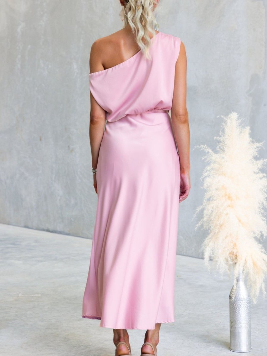 One - Shoulder Tied Midi Dress - 