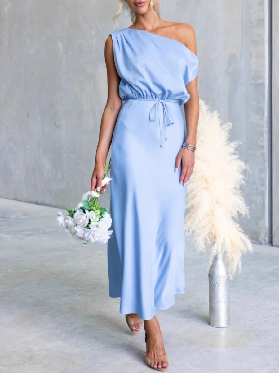 One - Shoulder Tied Midi Dress - 