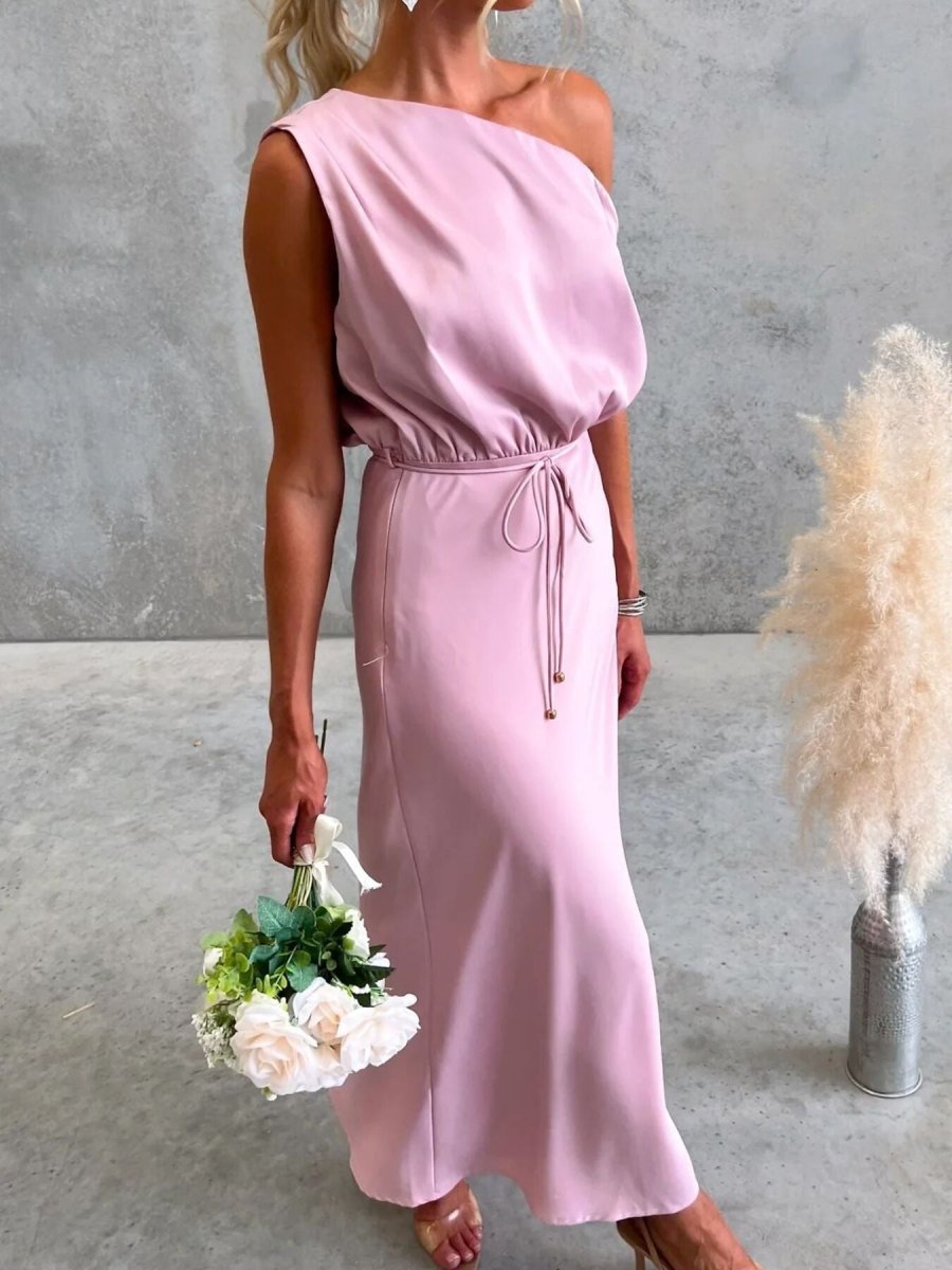 One - Shoulder Tied Midi Dress - 